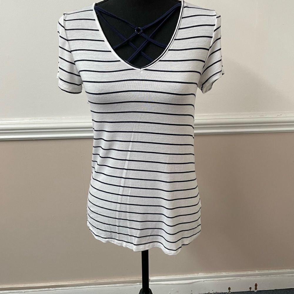 Glitz Navy and White Striped Cross Front Blouse